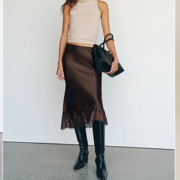 Reformation Dresses & Skirts - Reformation Brown Satin Slip Skirt with Lace Trim
